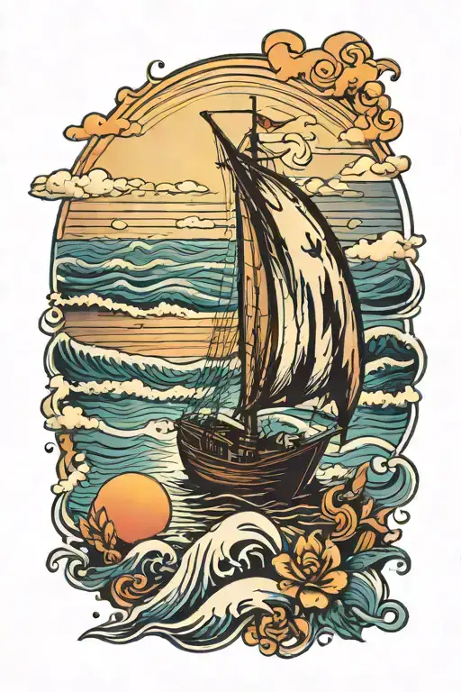 Boat On The Ocean By The Beach Sunset