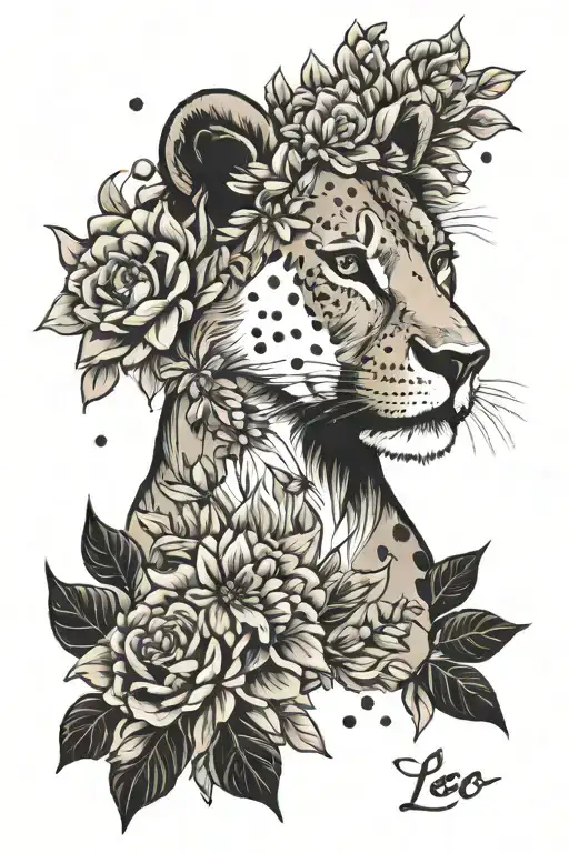 Lioness And Puppy Lion With Flowers And Name Leo Constellation