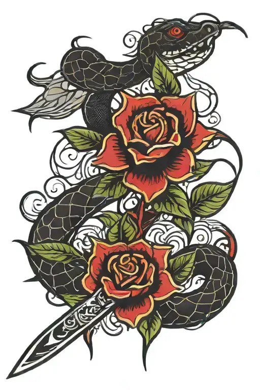 Traditional Flower And Knife Red And Black Ink With A Snake