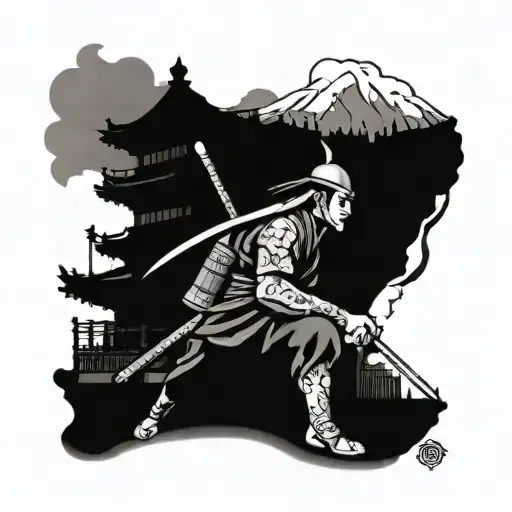 Japanese Warrior In Front Of Old Japanese Town Buildings