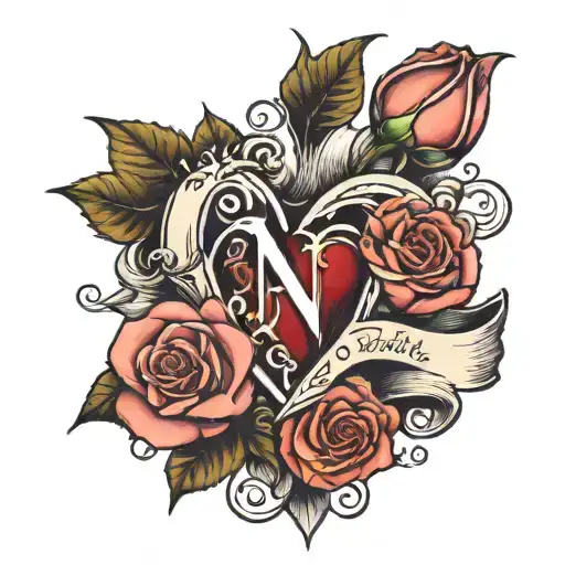 Heart Tatoo Witha Rose Filling The Full Inside Of It And The Letter N Prominant