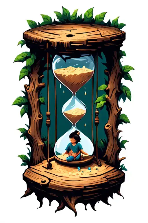 Hourglass Made Of Tree Bark With Sand Falling Down Into A Swing Where A Child Is Sitting On It