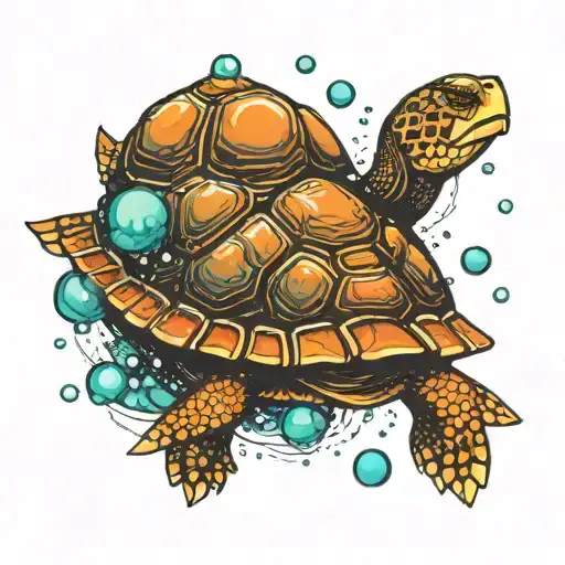 Turtle Swiming In Stars And Bubbles