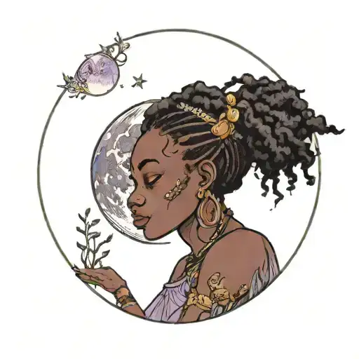 A Full Moon With Stars Around It And A Black Girl And Her Mom Sitting In Lavender Fields