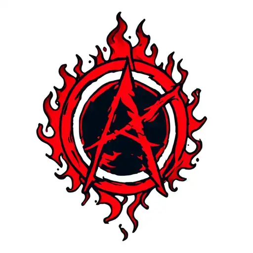 A Small Tattoo On The Neck In The Form Of A Red Symbol Of Anarchy And Flame
