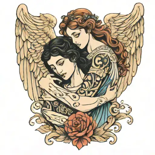 Greek Angel Hugging A Woman Posing