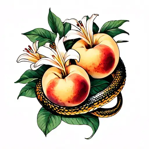 Peaches With Lillies And A Snake Wrapped Around It