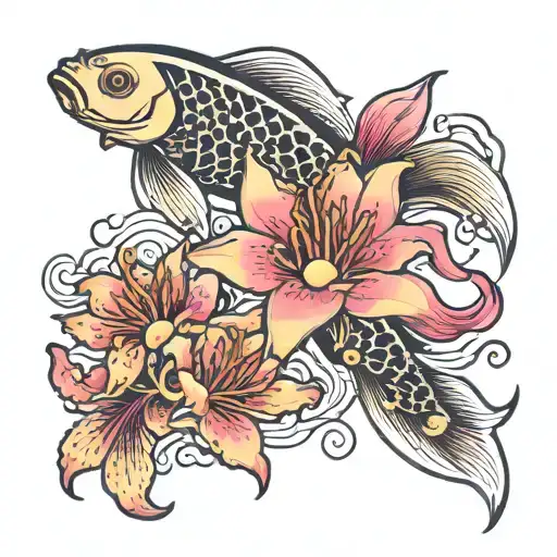 Japanese Pink Lillys And Gold Koi Fish Swimming