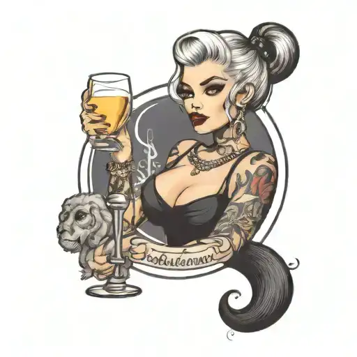 Traditional Tattoo Style Pin Up Girl With Black And White Hair Holding Champagne Glass