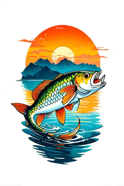 Coi Fish Yong Yang With Sunset And River