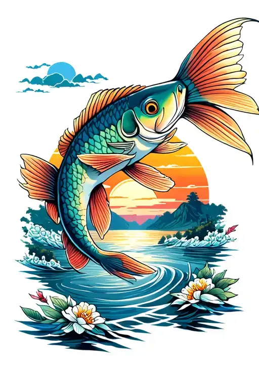 Coi Fish Yong Yang With Sunset And River