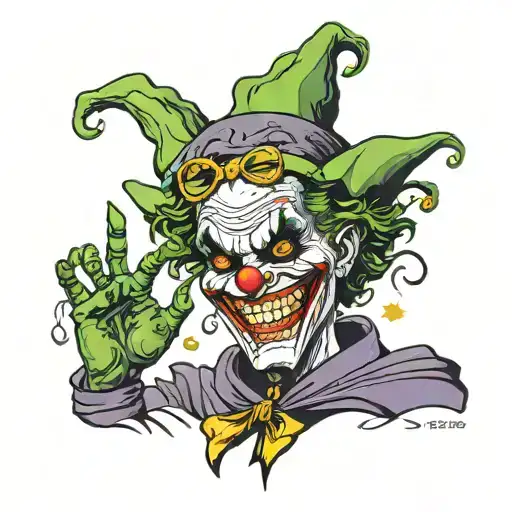A Grinning Joker With A Cape On His Head Holding A Head Full Of Acid In His Hand
