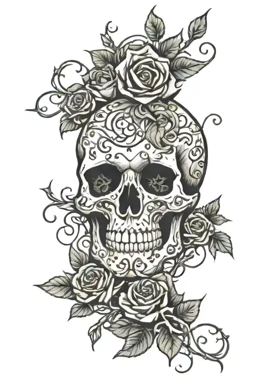 Skull With Many Roses And Vines And Crosses