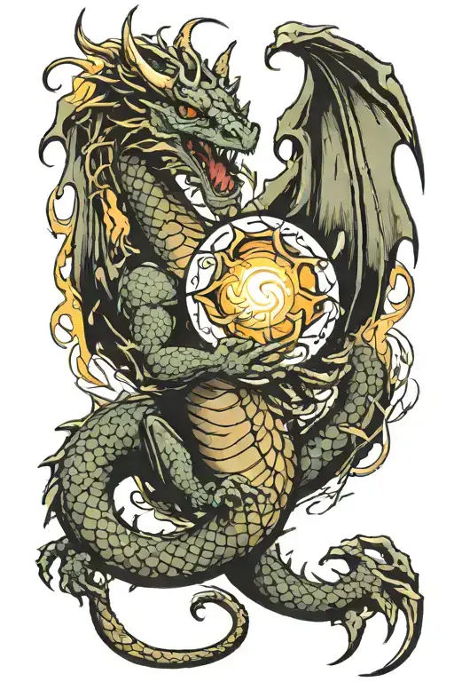 Dragon Coming Out Of Arm To Grab A Ball Of Light