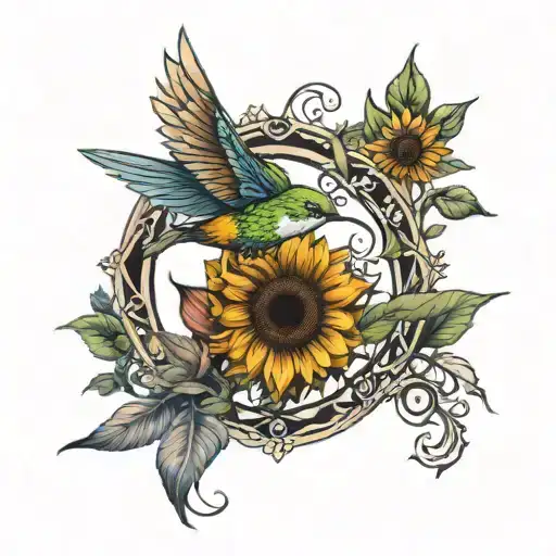 Sunflower And Humming Bird And Tree Of Life Intertwined
