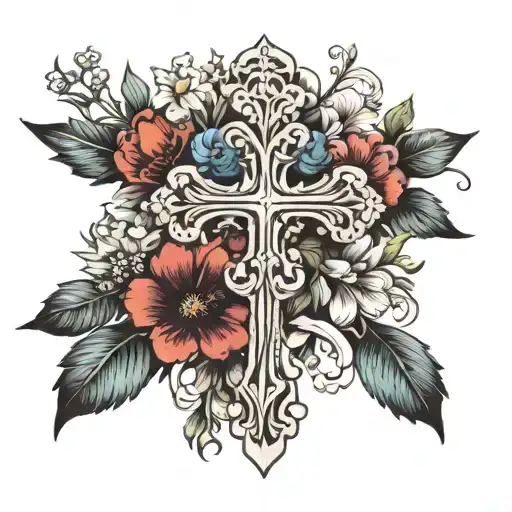 Cross With Jan March April July Sept December Birth Flowers Around It