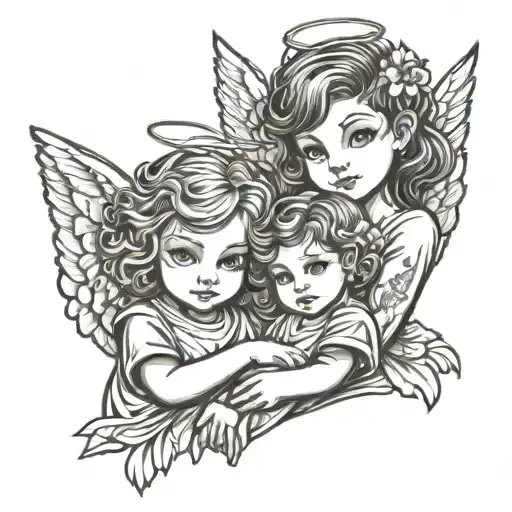 Two Kids An Mom Holding Hands And Angel Upper Arm