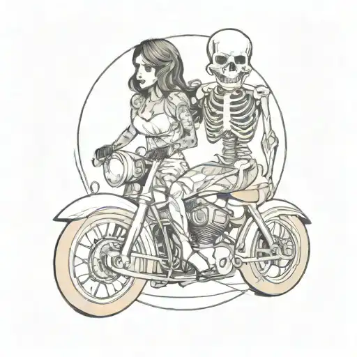 A Woman And A Skeleton On A Motorcycle
