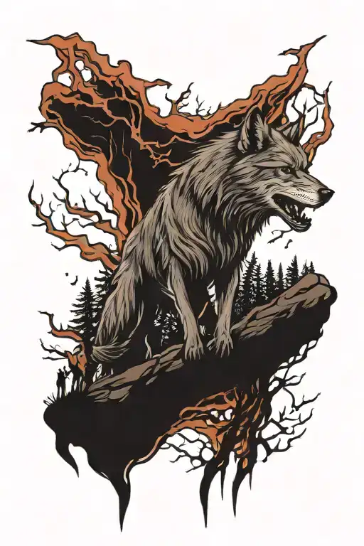 Spooky Gothic Night Scene With Wolf In A Storm