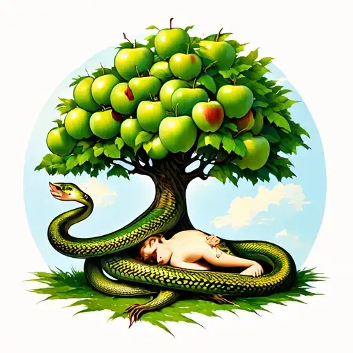 Apple Tree With Serpent Wrapped Around The Trunk And Eve Laying At The Bottom