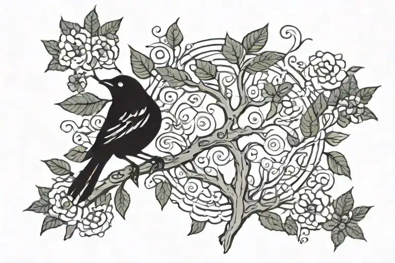 Black Bird Sitting On Tree Of Life