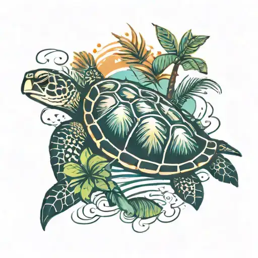 Sea Turtle And Palm Tree