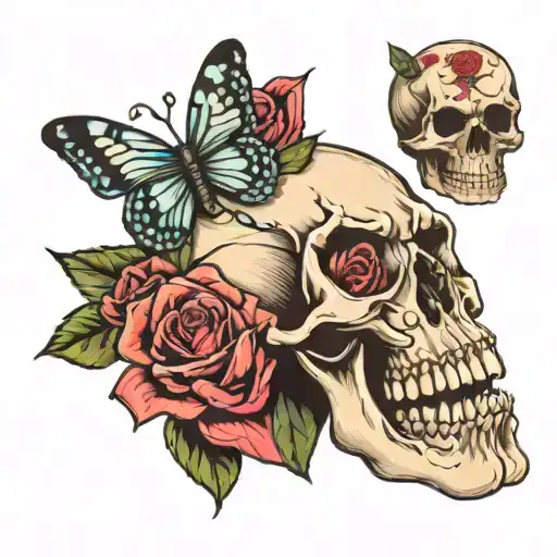 Hand Tattoo Skull Butter Fly And Roses Blooming