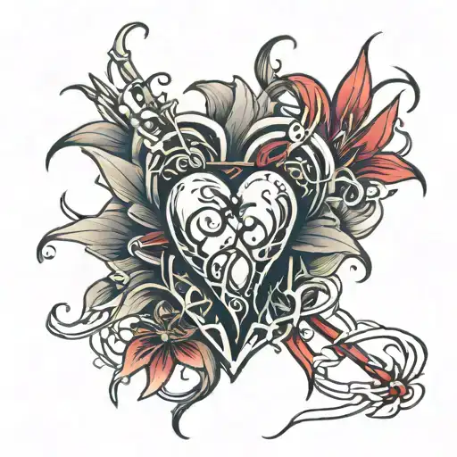 Heart With Blade Going Through It And Red Spider Lily's Around It