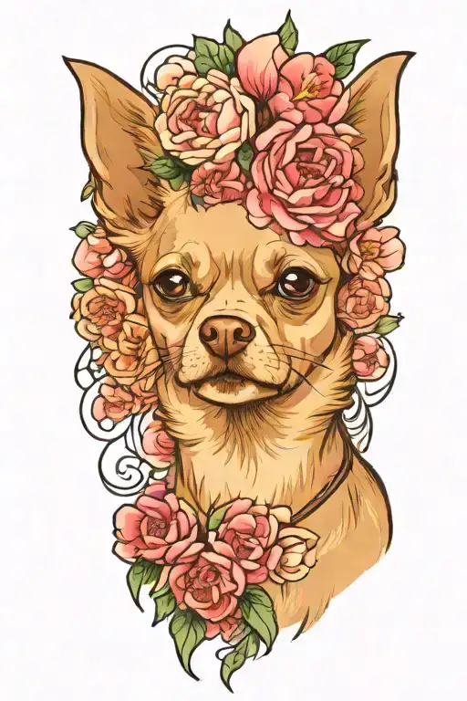 Chihuahua Mix Dog With Medium Size Drooping Pointing Down Ears With Peonies Around