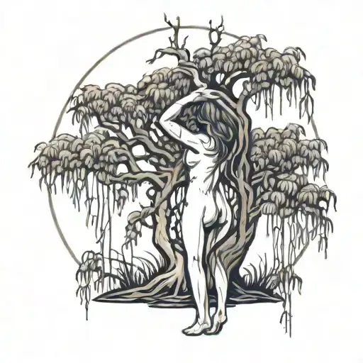 Nude Women Standing As A Willow Tree Growing
