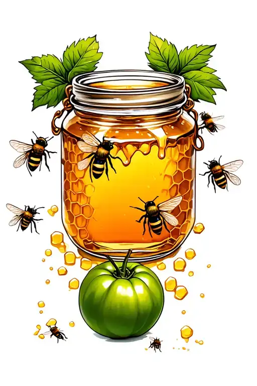 Jar Of Honey With Honey Comb Inside Next To A Green Tomatoes With Bees Flying Around