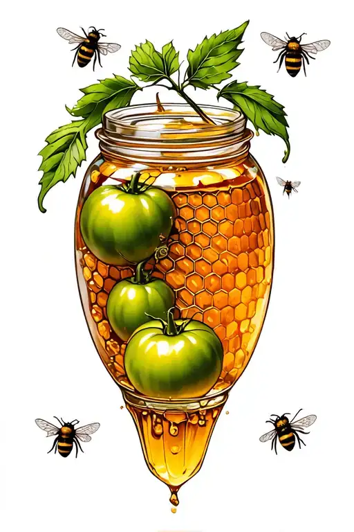 Jar Of Honey With Honey Comb Inside And A Green Tomatoes With Bees Flying Around