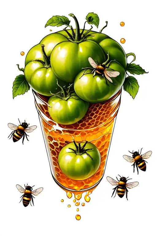 Jar Of Honey With Honey Comb Inside Behind A Green Tomatoes With Bees Flying Around