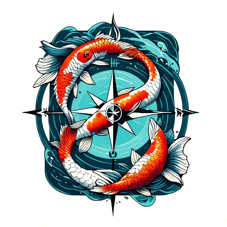 Infinity Symbol With Koi Fish And A Compass Through The Middle