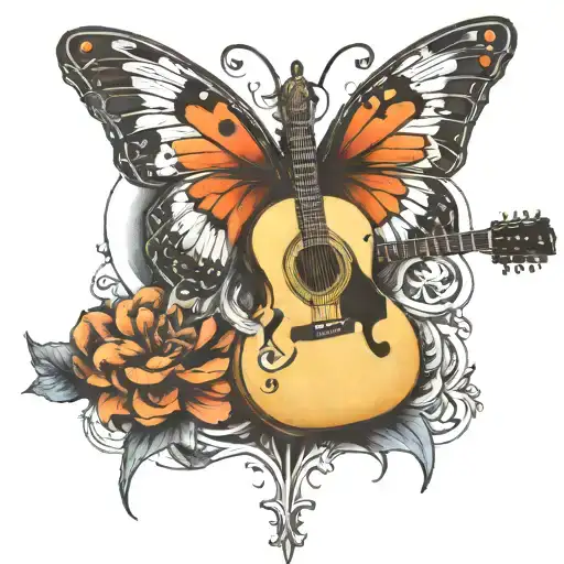 Butterfly Broken Wing With Guitar Intertwined