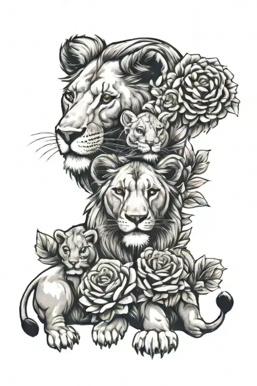 Lion And Lioness With Cubs And Flowers