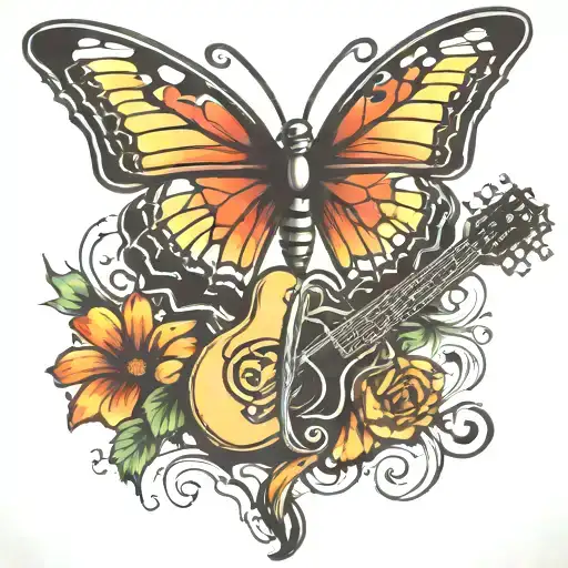 Butterfly Broken Wing With Guitar Intertwined