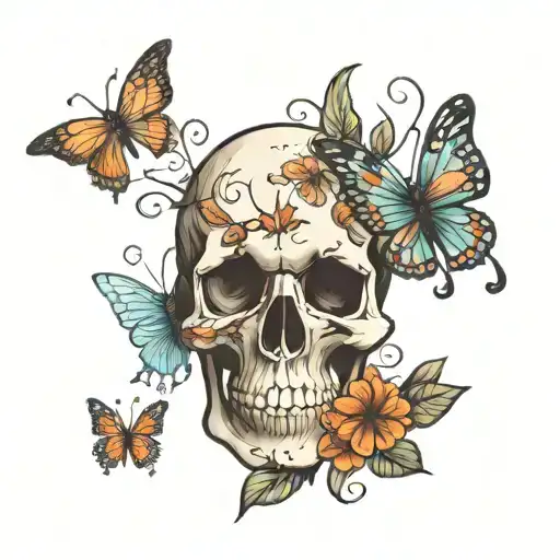 Hand Skull And Butterflies