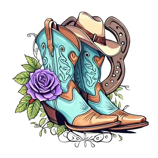 Cowboy Boots With A Cowboy Hat Surrounded By A Horse Shoe And A Beautiful Purple Rose