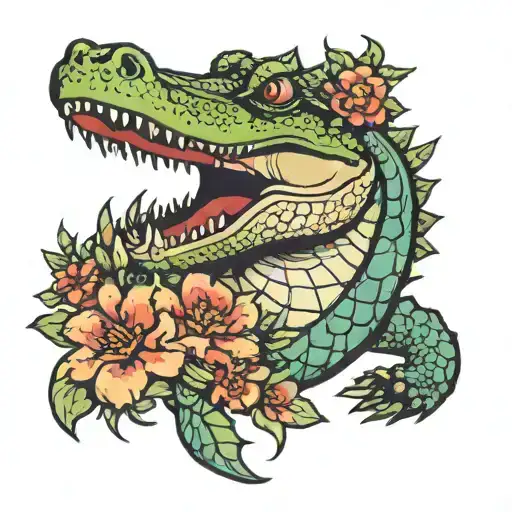 Crocodile With Flowers Around