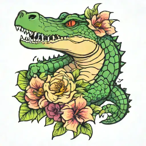 Crocodile With Flowers Around
