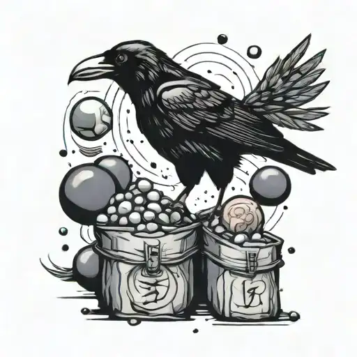 Crow Standing On A Spilled Bag Of Marbles With One In Its Mouth