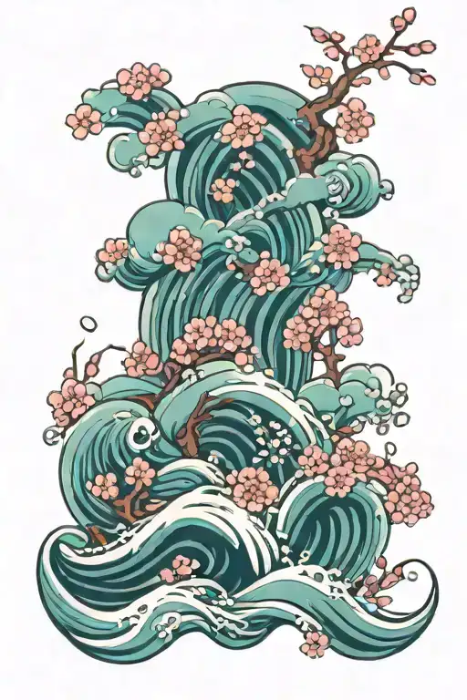 Waves With Cherry Blossoms Gentle Design