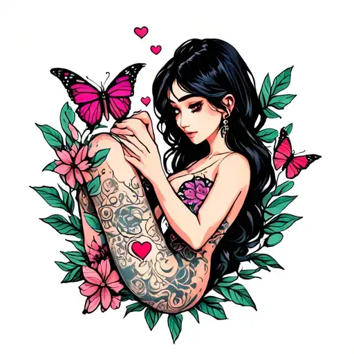 A Tattoo With The Words Marco X Lilly With Hearts And Butterflies In Her Leg