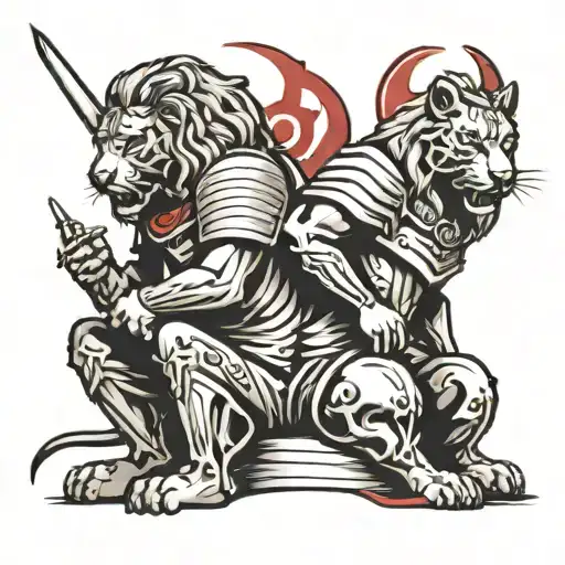 Kneeling Knights Templar And Lion Head