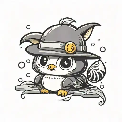 Chibi Manga Penguin Wearing Cat Ear Hat And Holding A Cat Head Shaped Pebble In Hands