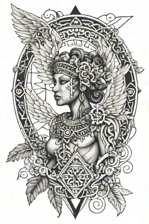 Geometric Angel With An Oak Tree In The Background Mixed With Aztec Tribal Patterns
