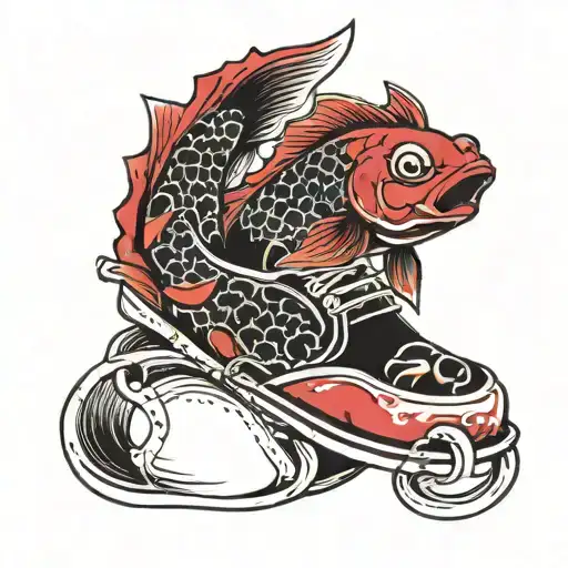Red And Black Coy Fish Riding A Shoe