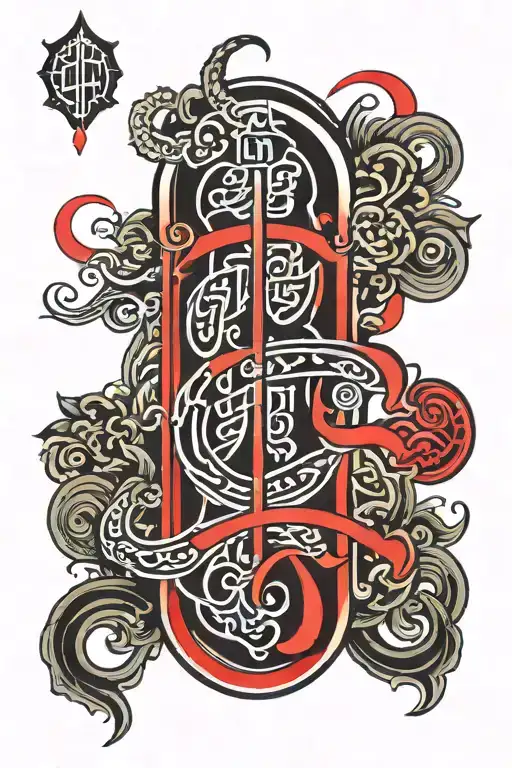 Red And Black Line Shin Tattoo Thai Lettering Vertical