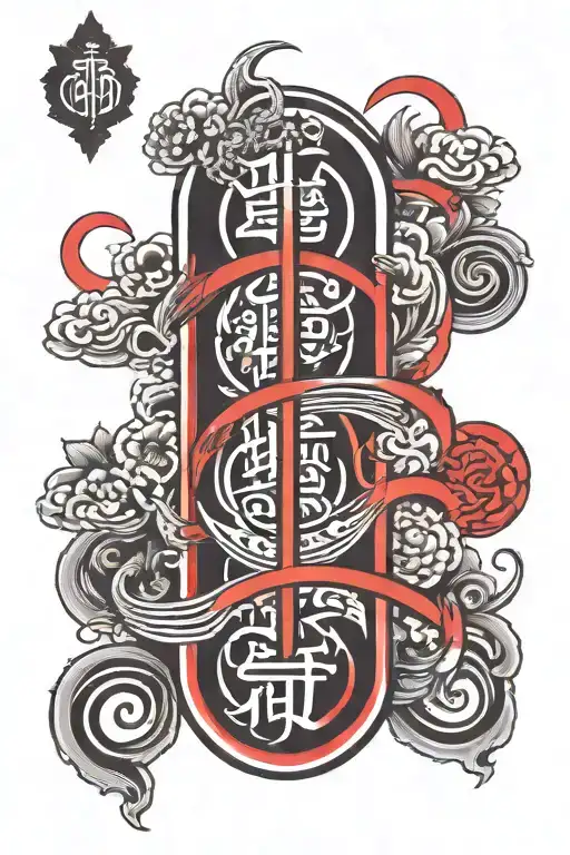 Red And Black Line Shin Tattoo Thai Lettering Vertical